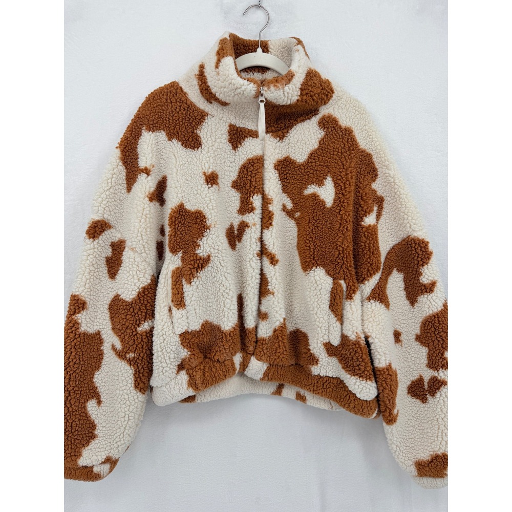Urban Outfitters Cow Print Sherpa Fleece Jacket Brown Cream Zip Up L Western